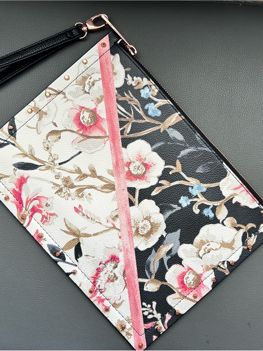 White House Black Market Floral Wristlet Clutch in Black, Cream & Pink